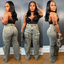 EVE Plus Size Fashion Multi-pockets Removable  Straight Jeans GAKF-41208