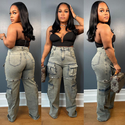 EVE Plus Size Fashion Multi-pockets Removable  Straight Jeans GAKF-41208