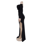 EVE Solid Color Off Shoulder Split Evening Dress BY-7157