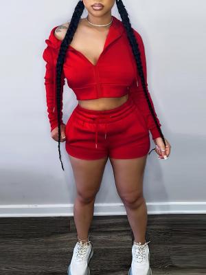 EVE Solid Color Zipper Sweatshirt Two Piece Shorts Set GLF-10011