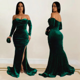 EVE Solid Color Off Shoulder Split Evening Dress BY-7157