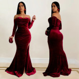 EVE Solid Color Off Shoulder Split Evening Dress BY-7157