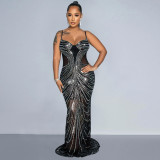 EVE Mesh Hot Drill Backless Sling Maxi Dress BY-6820