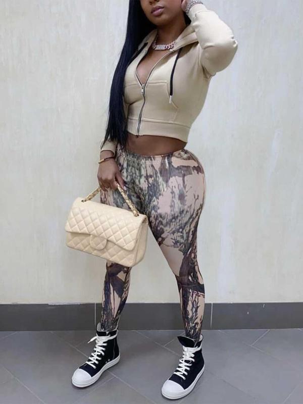 EVE Casual Print Zipper Hoodies Two Piece Pants Set GLF-10178