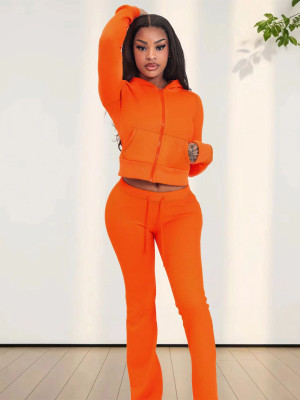 EVE Waffle Hooded Cardigan Drawstring Micro Flare Pants Set MIL-138