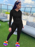 EVE Solid Color Hooded Tight Pants Sport 2 Piece Set MIL-124
