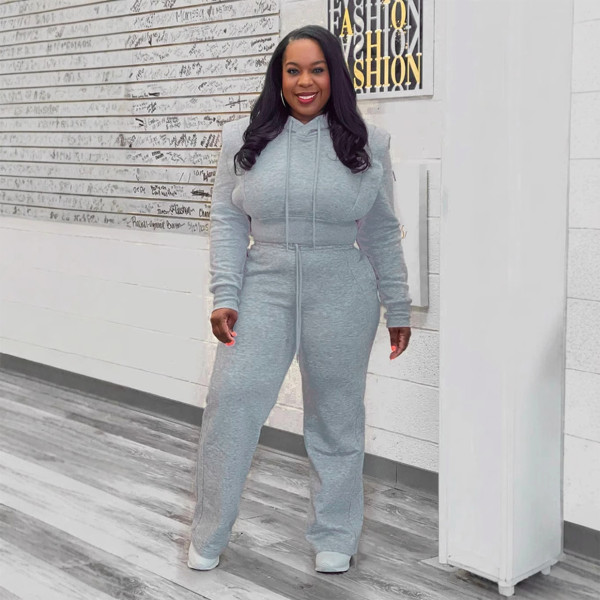 EVE Plus Size Solid Hooded Sweatshirt Wide Leg Pants Suit NY-10969