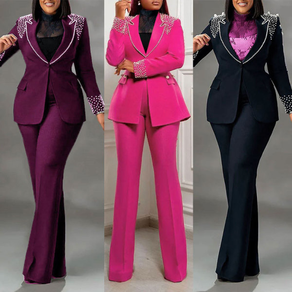 EVE Plus Size Pearl Long Sleeve Blazer Two Piece Pants Set NY-3332