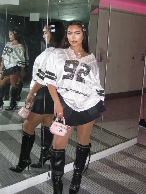 EVE V Neck Print Lace Loose T Shirt YWXS-XS-XSL44597