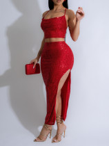 EVE Sexy Sequin Sling Vest Split Skirt 2 Piece Set AIL-306