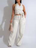 EVE PU Leather Sleeveless Halter Two Piece Pants Set AIL-298