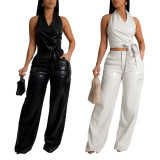 EVE PU Leather Sleeveless Halter Two Piece Pants Set AIL-298