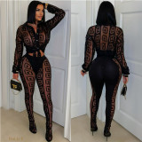 EVE Print Mesh See Through Shirt Pants Suit YNSF-2671