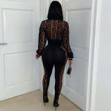 EVE Print Mesh See Through Shirt Pants Suit YNSF-2671