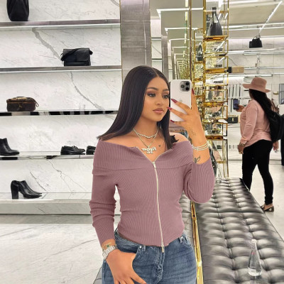 EVE Long Sleeve One Shoulder Zipper Tops QOUY-6055
