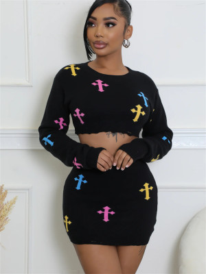 EVE Fashion Print Long Sleeve Crop Tops Skirt Suit YWXS-XS-XSL44901