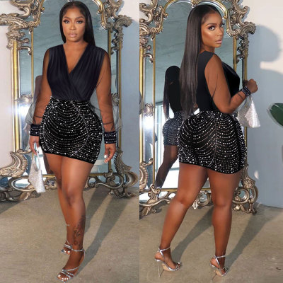 EVE Plus Size V Neck Hot Dril See Through Mini Dress NY-3361