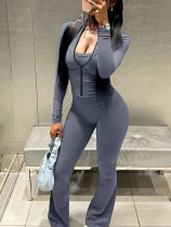 EVE Solid Color Zipper Long Sleeve Pants 2 Piece Set LSD-22361