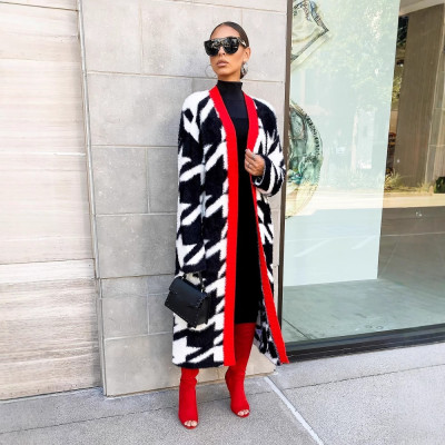 EVE Warm Loose Houndstooth Plush Long Coat LSD-2361