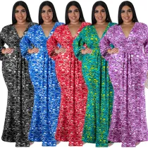 EVE Plus Size Print Long Sleeve Fashtail Dress GDAM-1038