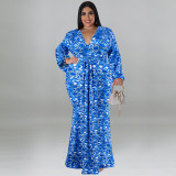 EVE Plus Size Print Long Sleeve Fashtail Dress GDAM-1038