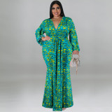 EVE Plus Size Print Long Sleeve Fashtail Dress GDAM-1038
