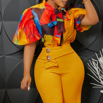 EVE Plus Size Print Tie Up Bubble Sleeve Shirt GATE-561