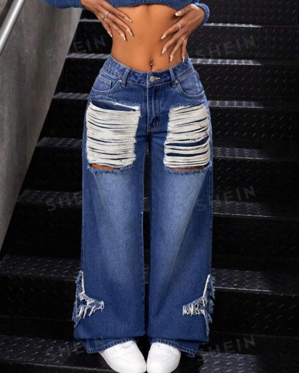 EVE Fringed Raw Edge Loose Wide Leg Jeans YUMT-YMT335