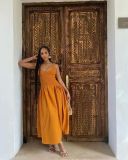 EVE V Neck Patchwork Solid Color Sling Long Dress YUMT-YMT334