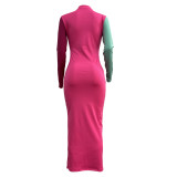 EVE Color Block Patchwork Long Sleeve Midi Dress SHMF-0003