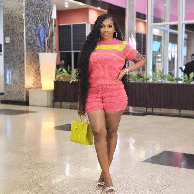 EVE Color Block Short Sleeve Sweater Shorts Set QXTF-8105