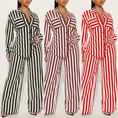 EVE Stripe Shirt Loose Long Sleeve Two Piece Pants Set WSYF-5968
