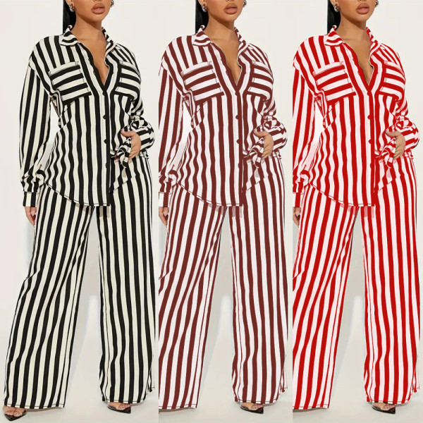EVE Stripe Shirt Loose Long Sleeve Two Piece Pants Set WSYF-5968