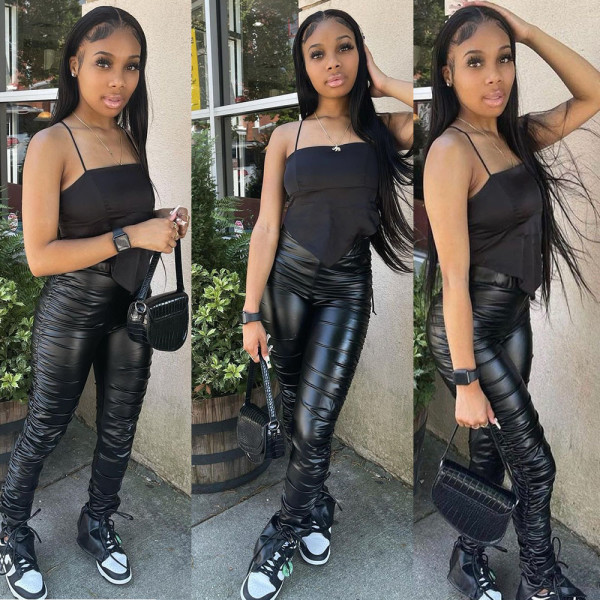 EVE Fashion Tight Pleated PU Leather Pant GOSD-6125