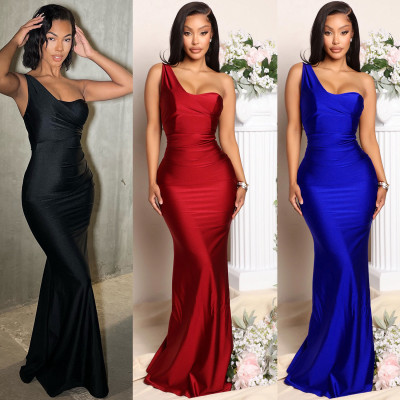 EVE Solid Color Single Shoulder Maxi Dress GOSD-6763