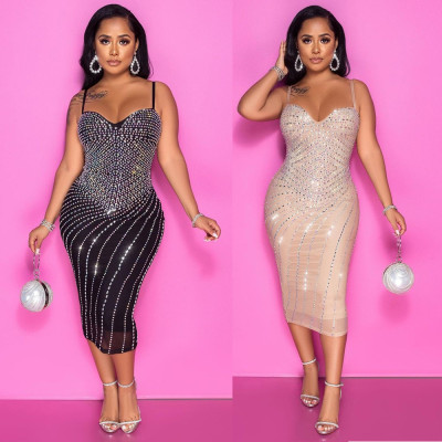 EVE Mesh Hot Drill Sexy Sling Midi Dress GOSD-6648