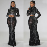 EVE Long Sleeve Mesh Hot Drill Two Piece Skirt Set GOSD-6820
