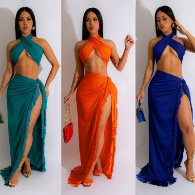 EVE Sexy Wrap Chest Tie Up Tassel Skirt Suit GOSD-6997