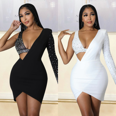 EVE Sexy Single Shoulder Long Sleeve Hot Drill Mini Dress GOSD-6768