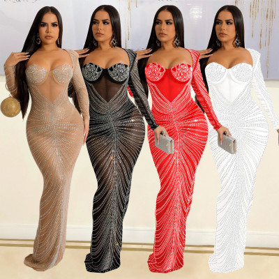 EVE Sexy Long Sleeve Mesh Hot Drill Maxi Dress GOSD-6811