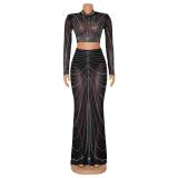 EVE Long Sleeve Mesh Hot Drill Two Piece Skirt Set GOSD-6820