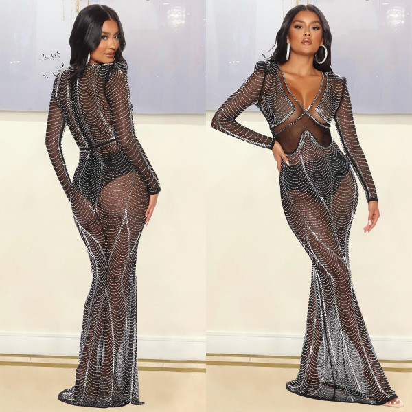 EVE Long Sleeve Hor Drill Maxi Dress GOSD-6782