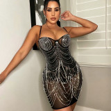 EVE Mesh Hot Drill Tassel Mini Dress GOSD-6693