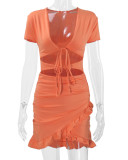 EVE Deep V Neck Tie Up Ruffles Two Piece Skirts Set YMYF-0876