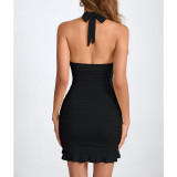 EVE Sexy Halterneck Pleated Ruffles Mini Dress YMYF-9315