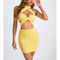 EVE Hollow Out Solid Color Halterneck Mini Dress YMYF-9320