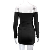 EVE One Shoulder Long Sleeve Pleated Mini Dress YMYF-9213