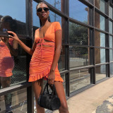 EVE Deep V Neck Tie Up Ruffles Two Piece Skirts Set YMYF-0876