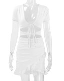 EVE Deep V Neck Tie Up Ruffles Two Piece Skirts Set YMYF-0876
