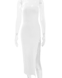 EVE Solid Color Wrap Chest Split Long Dress YMYF-0901